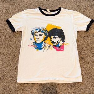 White Graphic Ringer T-Shirt with Black Trim - Retro Portrait Print Hall & Oates